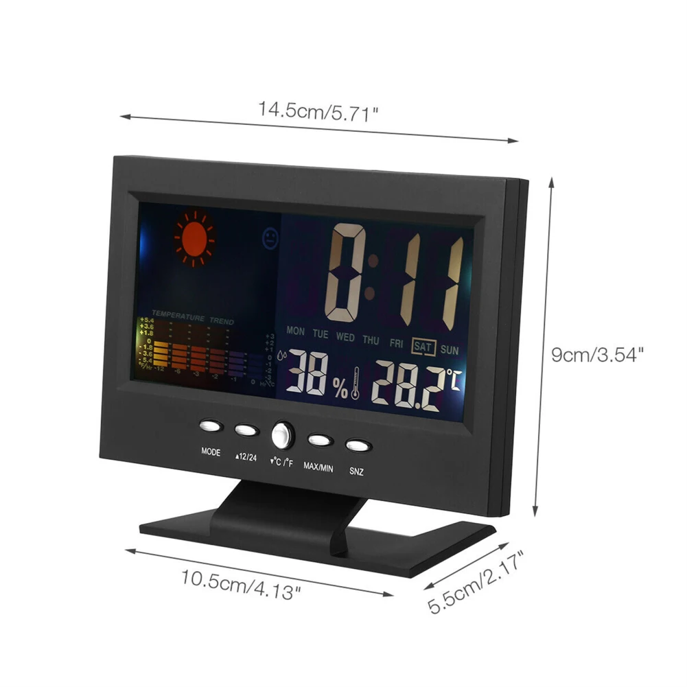 5-in-1 Led Black Intelligent Digital Alarm Clock Calendar Weather Display Thermometer Humidity Monitor With Snooze Functions