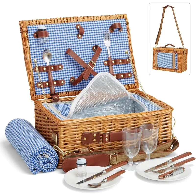 Wicker Picnic Basket Set for 2 Person with Cooler Compartment and Waterproof Picnic Blanket,Removable Strap,Cutlery