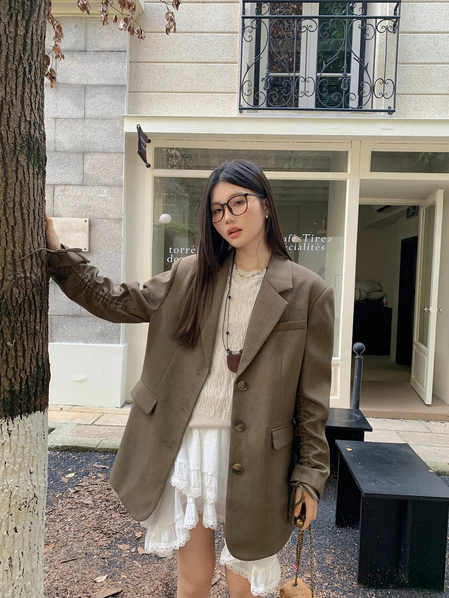 

Brown Loose Retro Design Suit Jaet Women's Ba Split Casual Commute Sle Long Sve Single Button Closure Pure Color