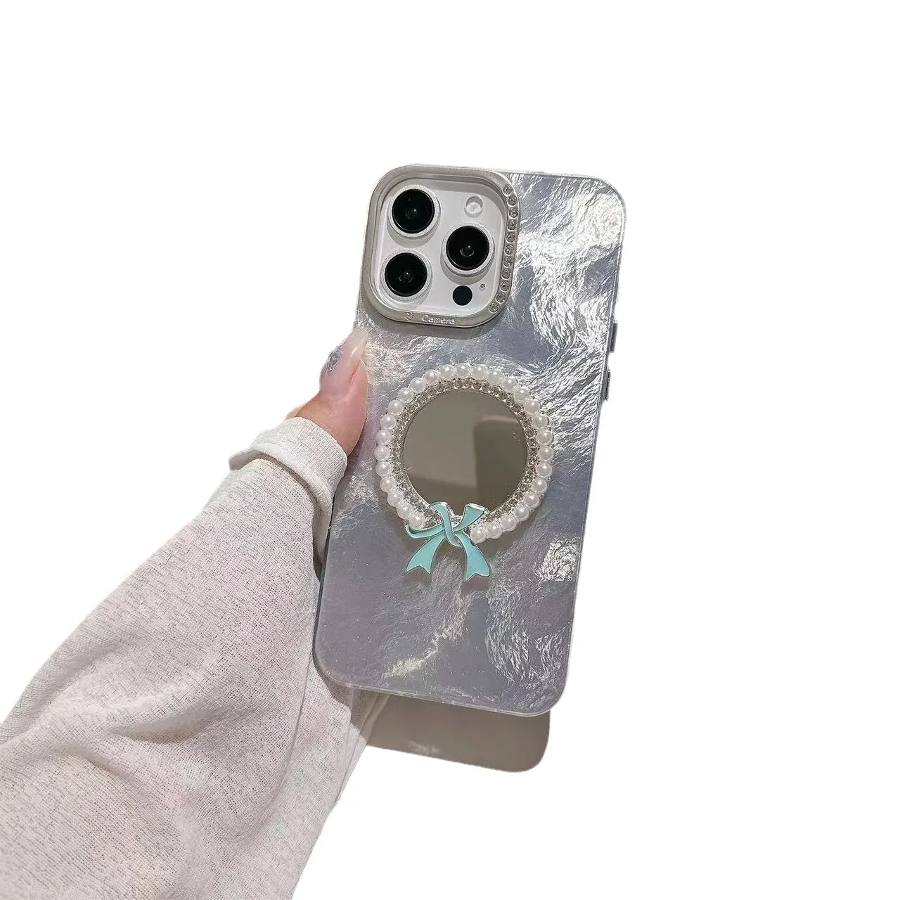 Pearl makeup mirror suitable for iPhone 15 Promax phone case suitable for Apple 16 tin foil pattern high-end phone case