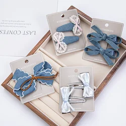 2 pz/set White Lace Bow neonate fermagli per capelli Vintage Denim Sanp forcine Cowboy Hairgrips Mini archi corea BB Barrettes