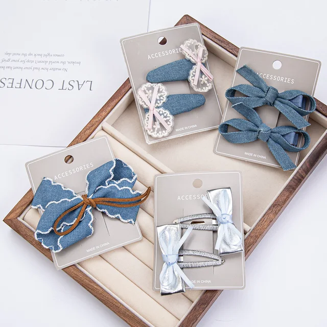 2 sztuk/zestaw biała koronkowa kokardka dziewczynek spinki do włosów Vintage Denim Sanp spinki do włosów kowbojskie spinki do włosów Mini kokardki Korea BB Barrettes