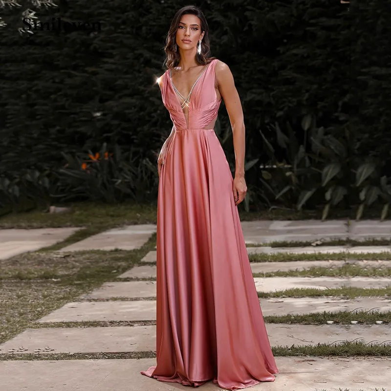 

Smileven Pink Evening Dress Sexy V Neck Robe De Soiree Prom Dresses Pleats Slik Satin Saudi Arabia Party Dress