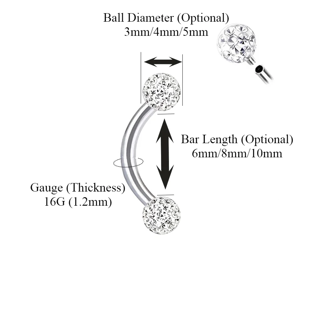Mehrfarbiger Epoxidkristall, 6–10 mm Stabstahl, Innengewinde, Augenbrauenring, 3/4/5 mm Kugel, gebogenes Langhantel-Augenbrauenpiercing – Detail 3