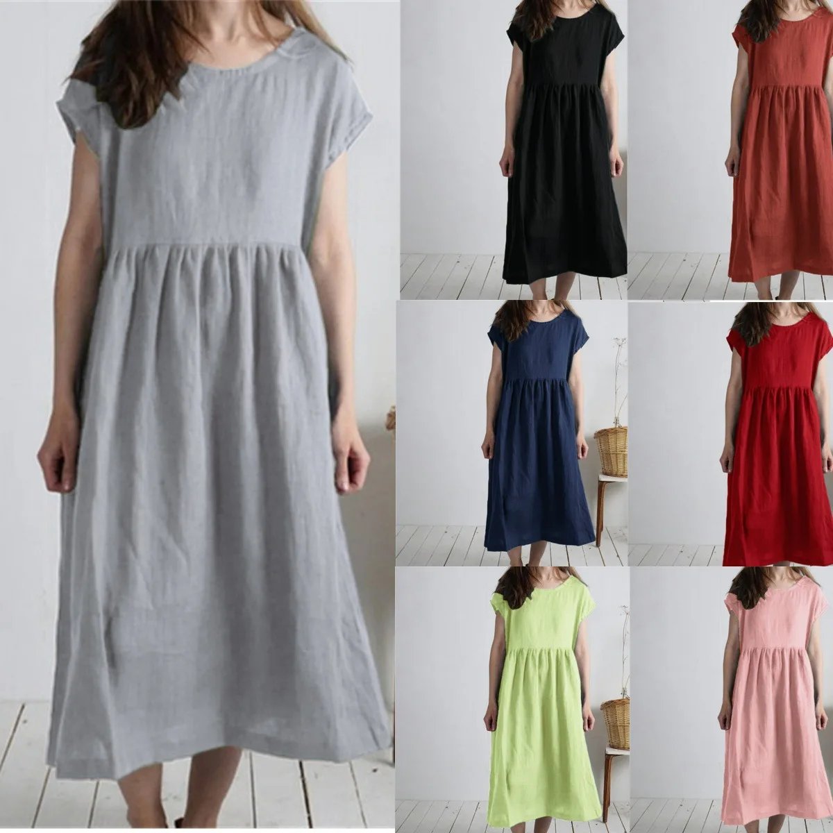 

Spring Summer Women's Wrinkle Cotton Linen Midi Dress Round Neck Dresses Casual Loose Gown Outfits