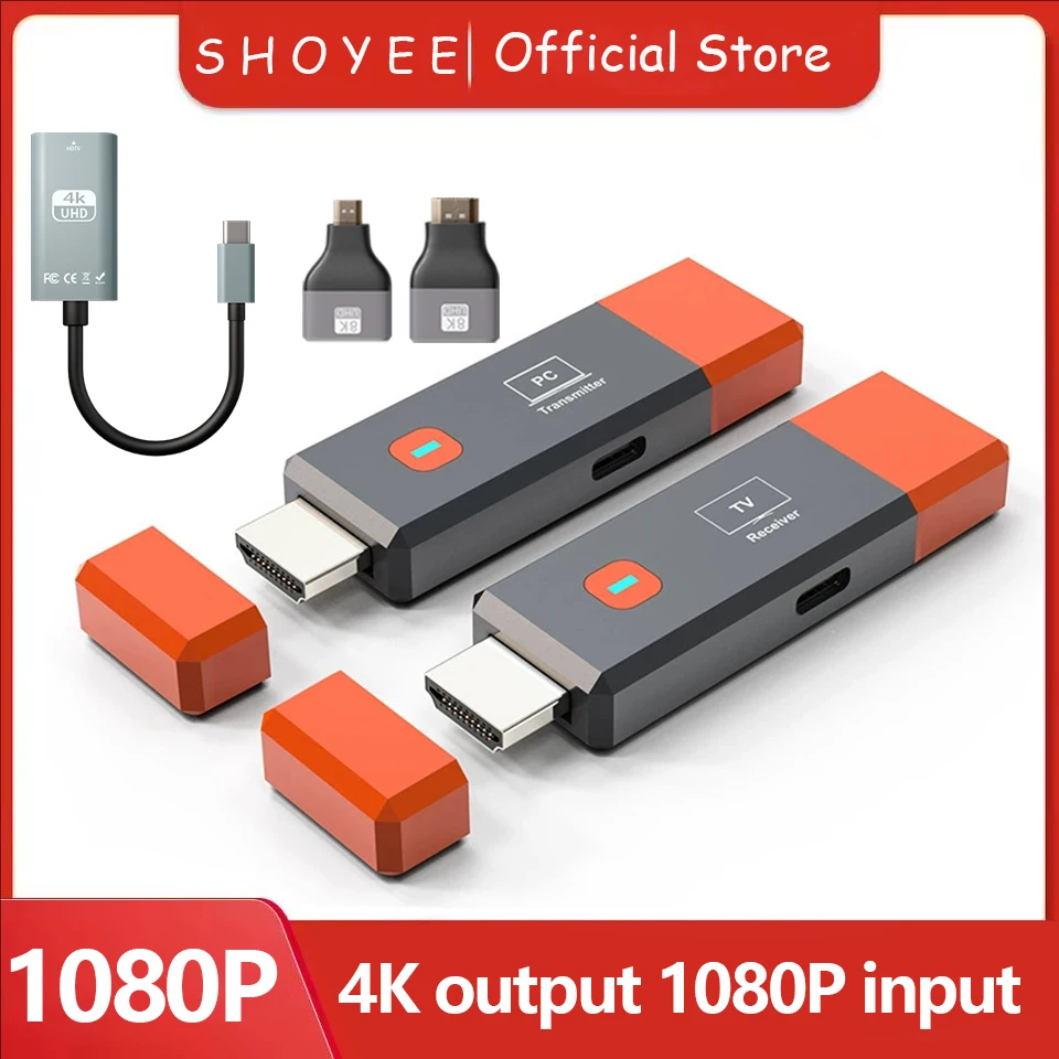1080P/4K Wireless HD Transmitter and Receiver Extender, TV Stick Dongle Adapter for PC, Camera, Laptop, Projector, Monitor