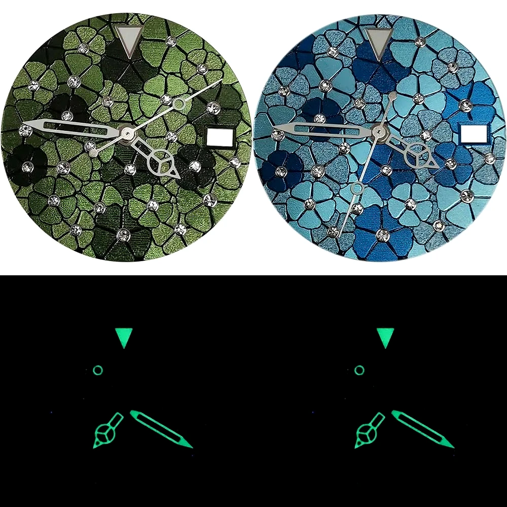 

28.5MM Floral Watch Dial Hands Kits for NH35 NH36 4R36 7S26 Movement Blue/Green Dials Modified Watch Face Accessories