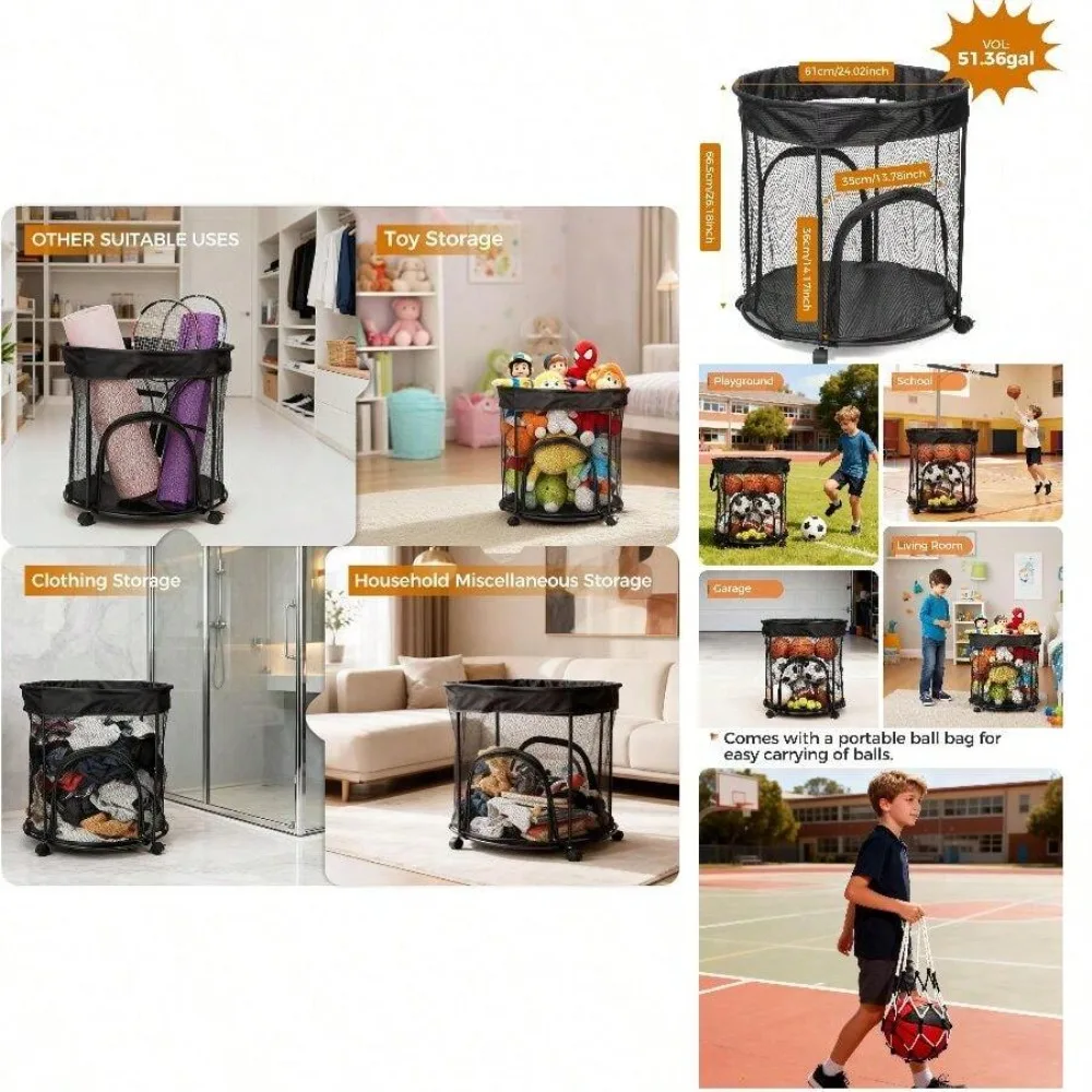 51.36 Gallon Rolling Ball Storage Cart with Wheels, 2 Side Opening Ball Baskets, Heavy Duty Sports Ball Organizer for Basketball Soccer Baseball, Portable Ball Bin with Handle for Garage, Playground, Classroom, Outdoor