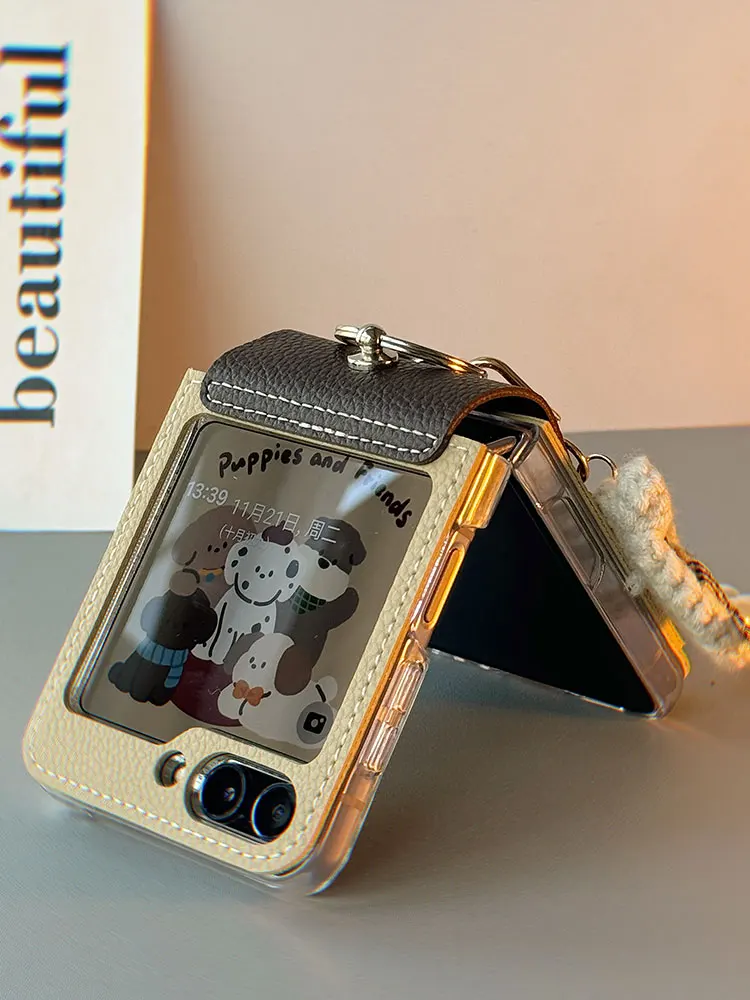 For Samsung Galaxy Z Flip 5 6 zflip5 Phone Case Pearl Bracelet Chain Leather Hinge Protective Cover