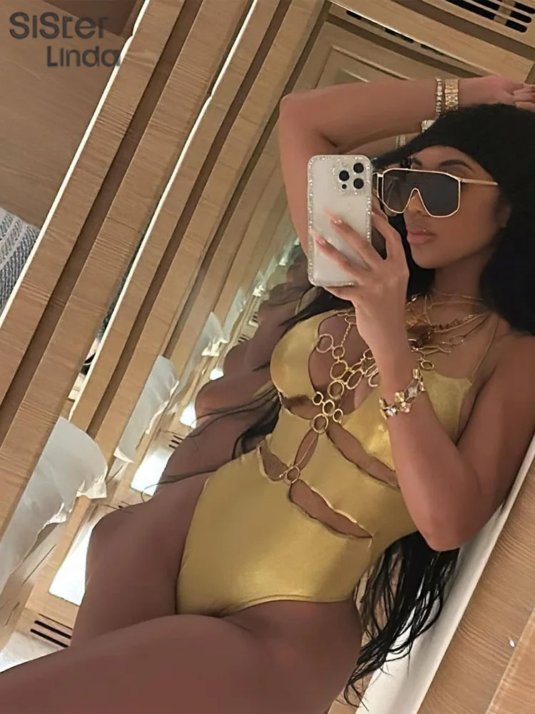 Sisterlinda Chic Ring Circle Connect Bodysuits Women Women Sleeveless Sexy Hollow Bandage Shiny Beach Style Romper Lady Clubwear