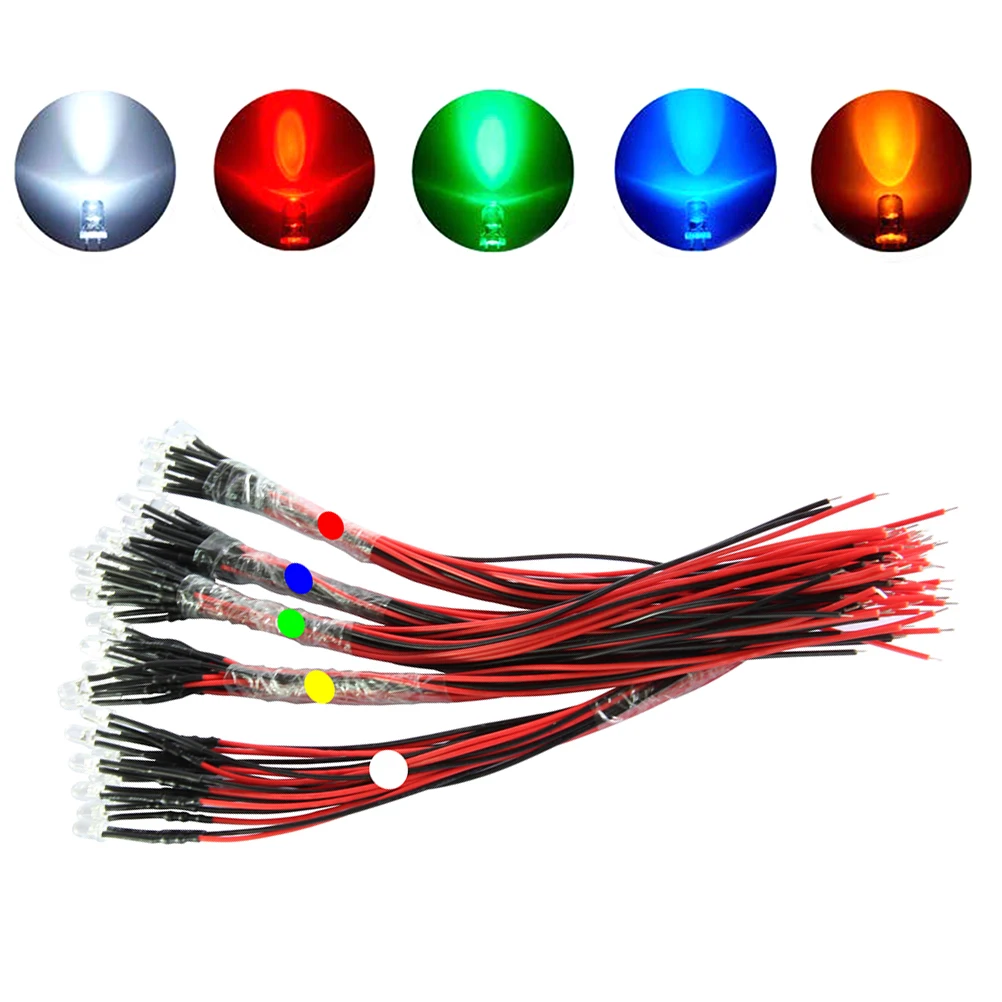 

50PCS 12V Light-emitting Tube with a Line 5mm Light-emitting Diode LED Beads for Toy Car Decor (Red Yellow Blue Green White)