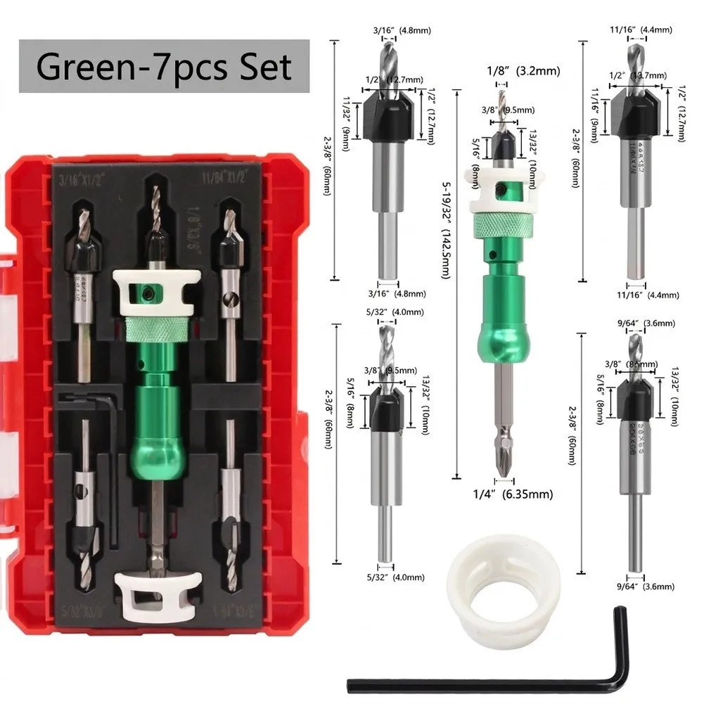 set-di-7-punte-da-trapano-per-svasare-con-regolatore-di-profondita-5-misure-colore-verde-metallizzato-per-lavori-di-falegnameria-produzione-di-mobili-e-utensili-per-la-lavorazione-del-legno