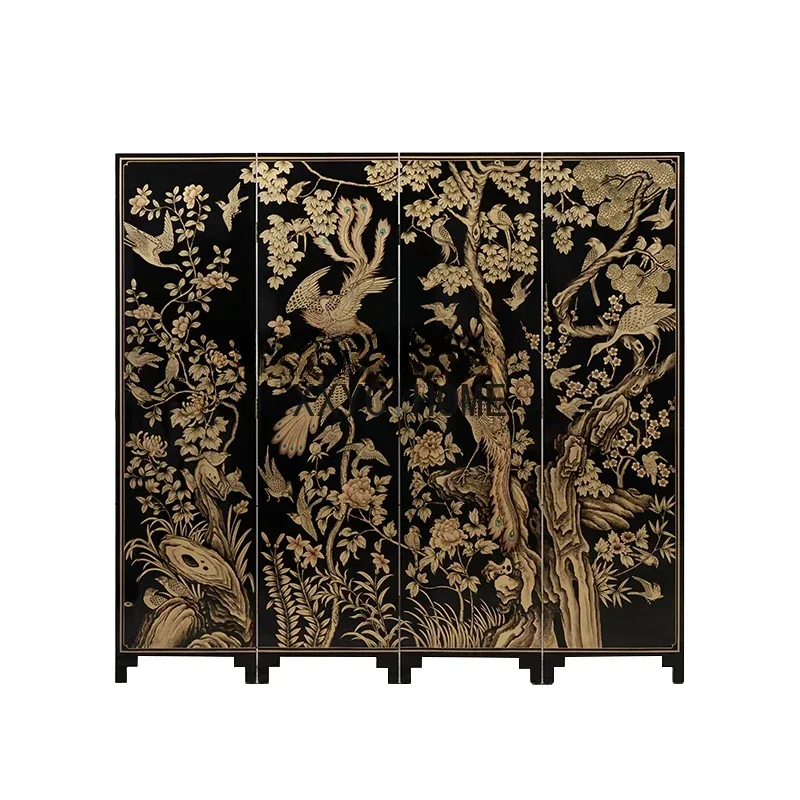 

New Chinese Retro Screen Classical Hand Drawn Flowers and Birds Accordion Partition Tea Room Partition Blocking Screen