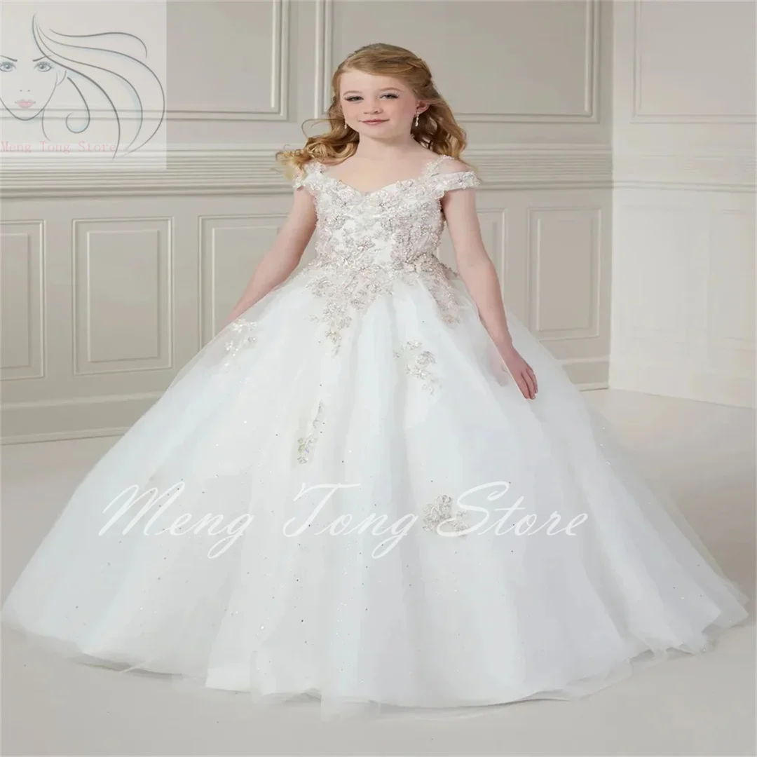 White Applique New Flower Girl Dress For Wedding Sequins Puffy Shining Elegant thin shoulder straps Used for Birthday Party