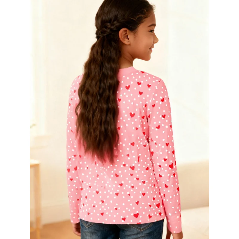 2026 Girls Cute Pink Heart Print T-Shirt for Kids Fashionable Casual Short Sleeve Top in Soft Comfortable Material
