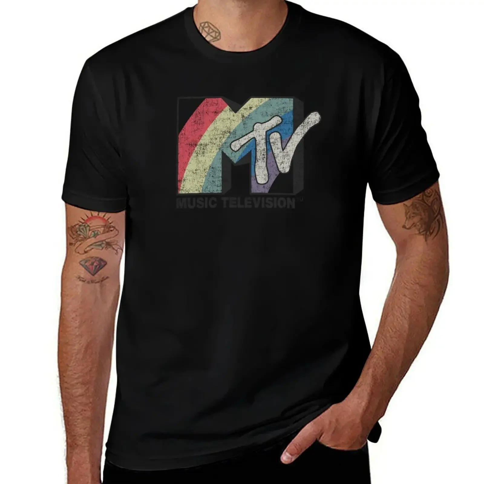 MTV Distressed Rainbow Stripes Vintage MTV Logo T-Shirt anime figures custom t-shirts anime shirt mens champion t shirts