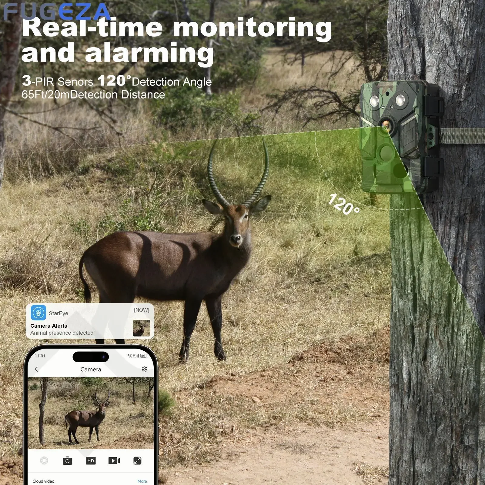 FUGEZA-Câmera de trilha de caça com Wi-Fi, APP, 0.1s Gatilho, Alcance IR, 30m, Suporte IP67, Impermeável, Vigilância de Movimento da Vida Selvagem