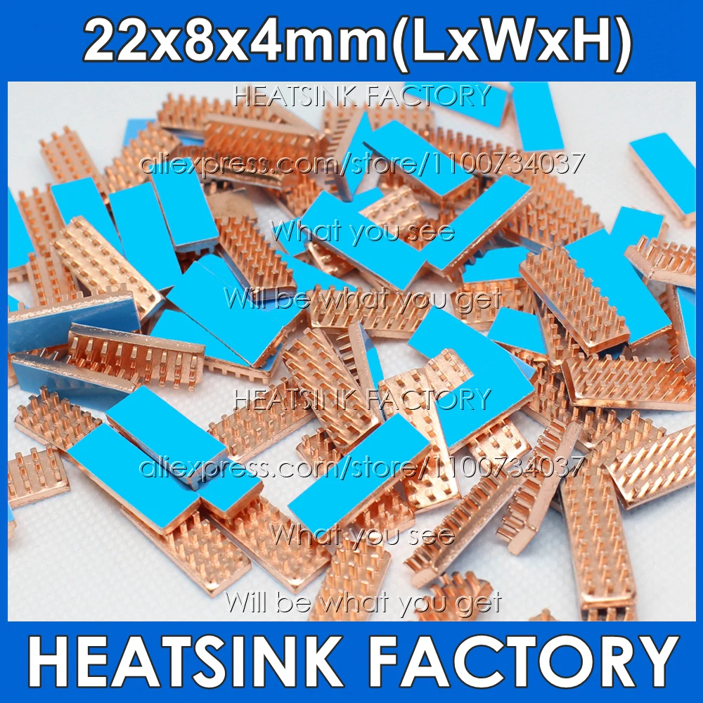 

20-100pcs/lot Pin Fins Copper Radiator Heatsink 22x8x4mm With Thermal Tape Assembly For PC Raspberry Pi IC Processor