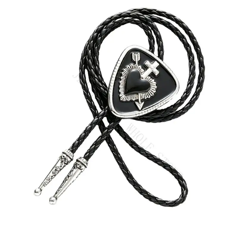R7UF Themed Outfit Bolo Tie Necklace with Heart Pendant and Braided Cord Jewelry for Western Statement Styling Looks Detail