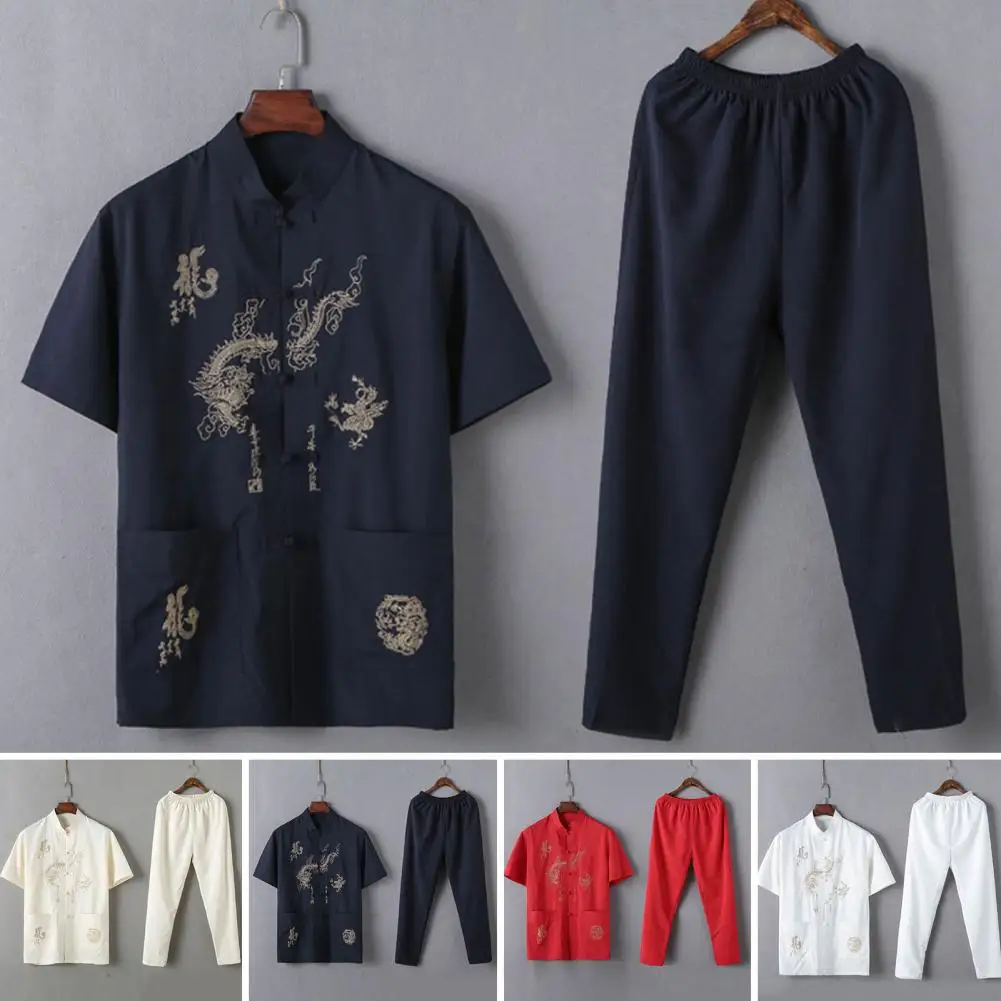 Men Two-piece Suit Chinese Style Dragon Pattern Suit Set for Mid-aged Men Stand Collar Short Sleeve Tops with Elastic for Men