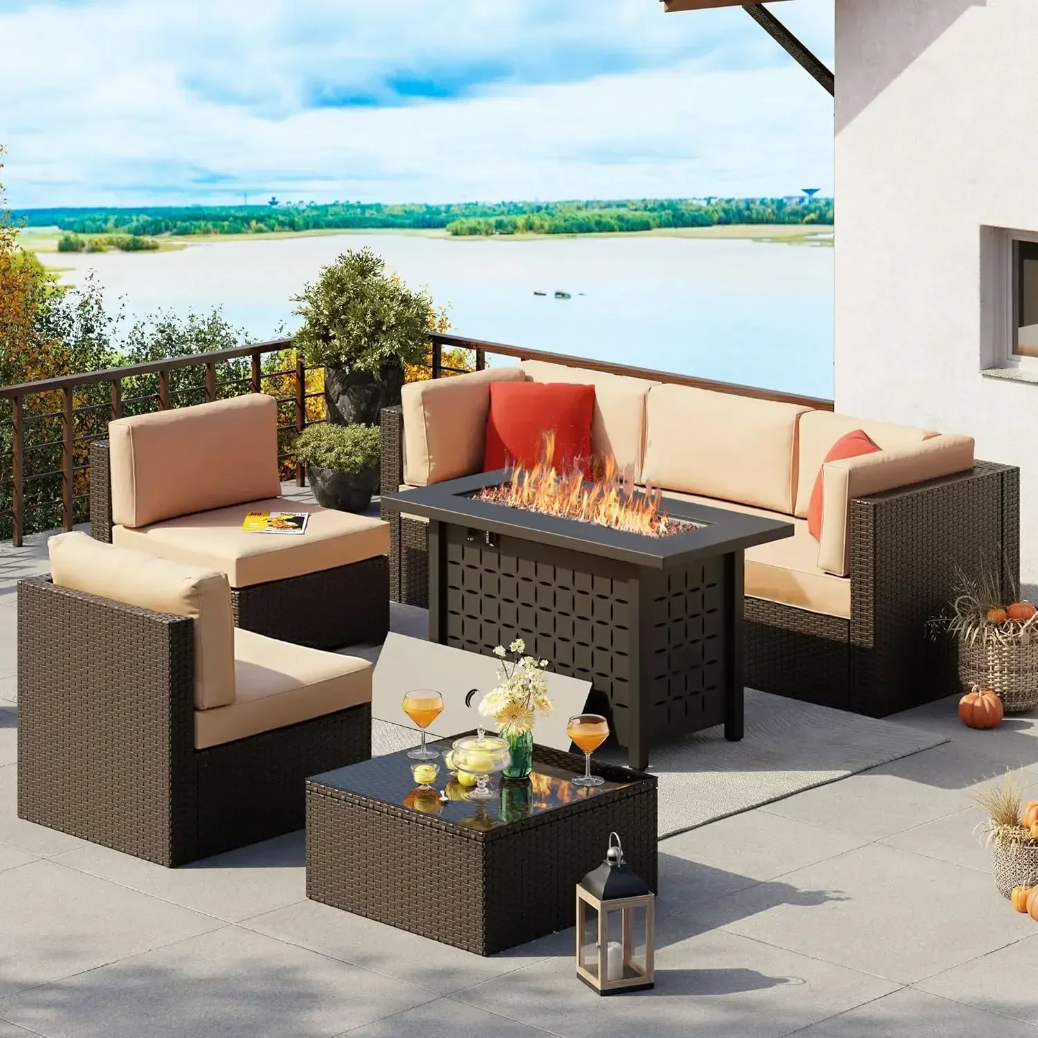 

Hot sales7 Piece Patio Furniture Set with Gas Fire Pit Table, Outdoor Conversation Sets Wicker Rattan Sectional Sofa with Coffee