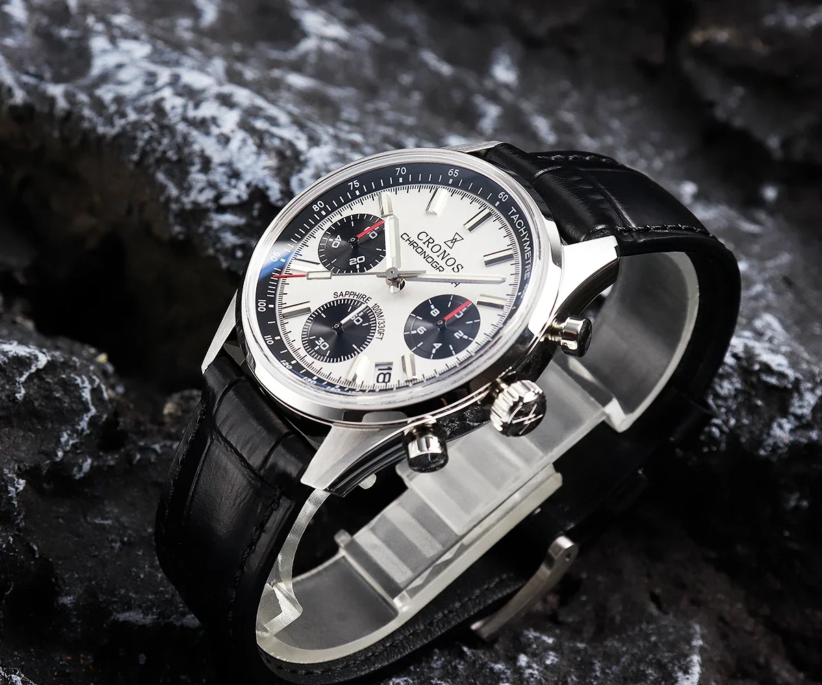 Cronos ใหม่ Chronograph ควอตซ์นาฬิกาผู้ชาย Miyota 6S20 38.5 มม.Black & white PANDA Dial Sapphire กันน้ํา 10Bar BGW-9 L6035