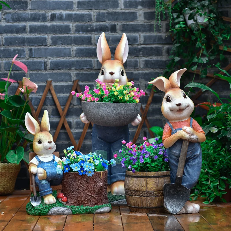 Cartoon Rabbit Planter Pot Outdoor Garden Decor Sculpture for Patio/Balcony Resin Animal Flower Container Decor Lawn Art Statue