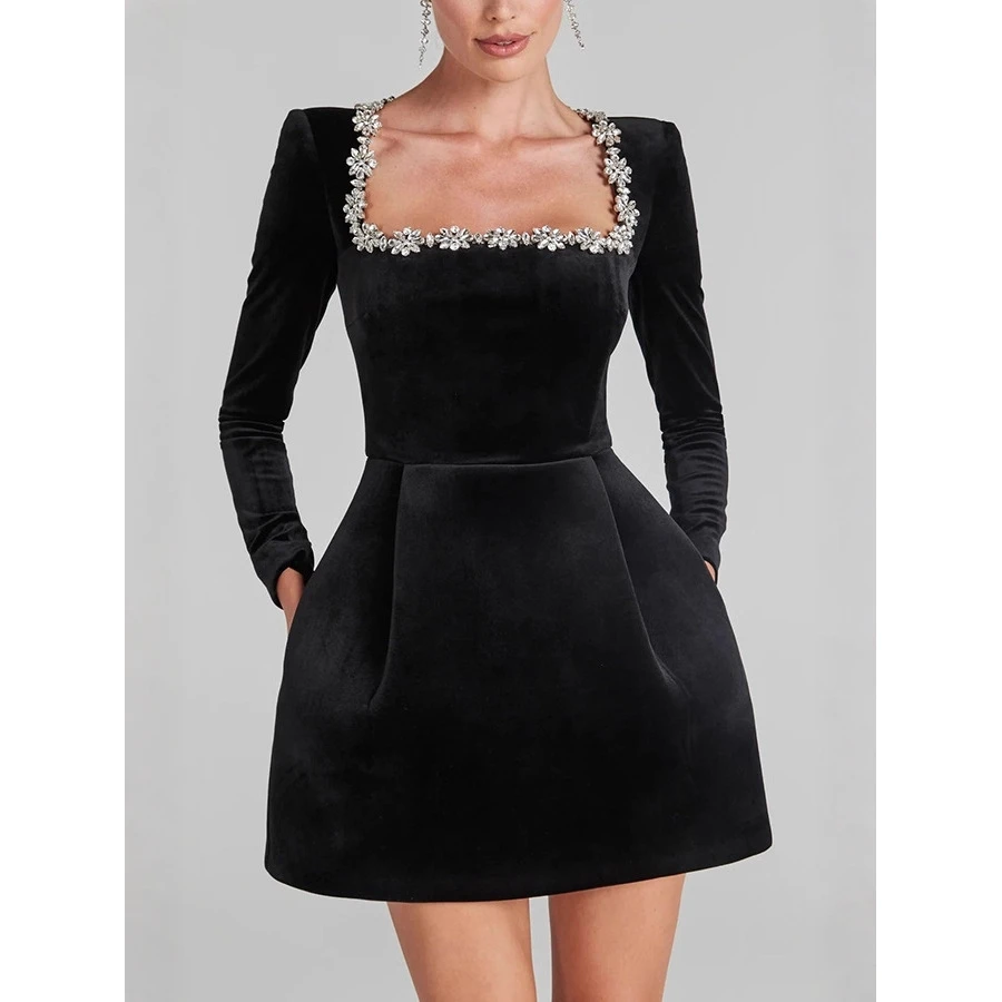 Ele ort Velvet Dr avec embellissement de diamants col carré Long Sve Midi Dr pour femme automne hiver Faion