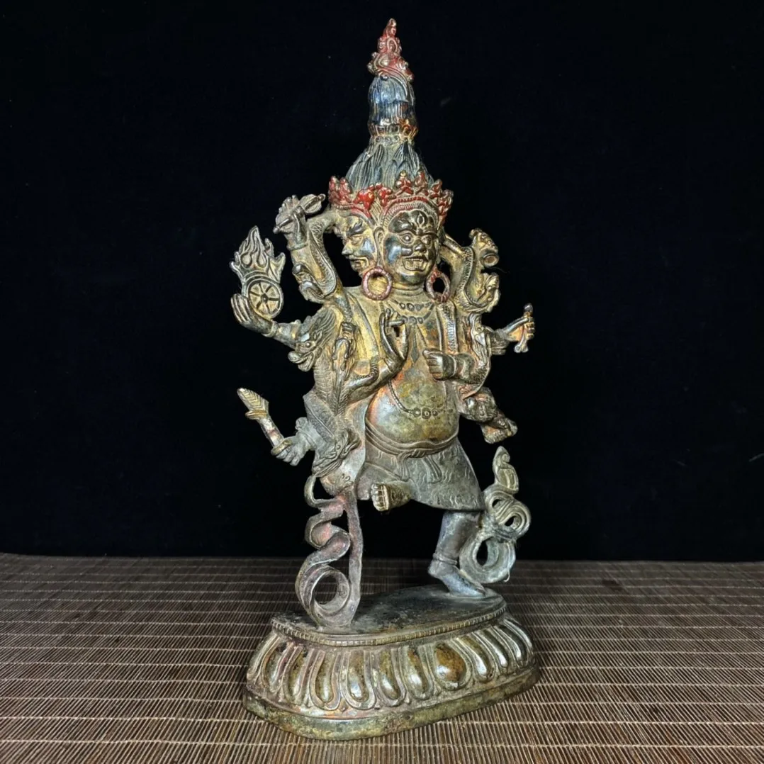 Tibetan Old Yellow Copper Mud Gold Painted Three sided Six Armed Vajra Bodhisattva Statue Decoration, Home Buddhist Hall Supplie