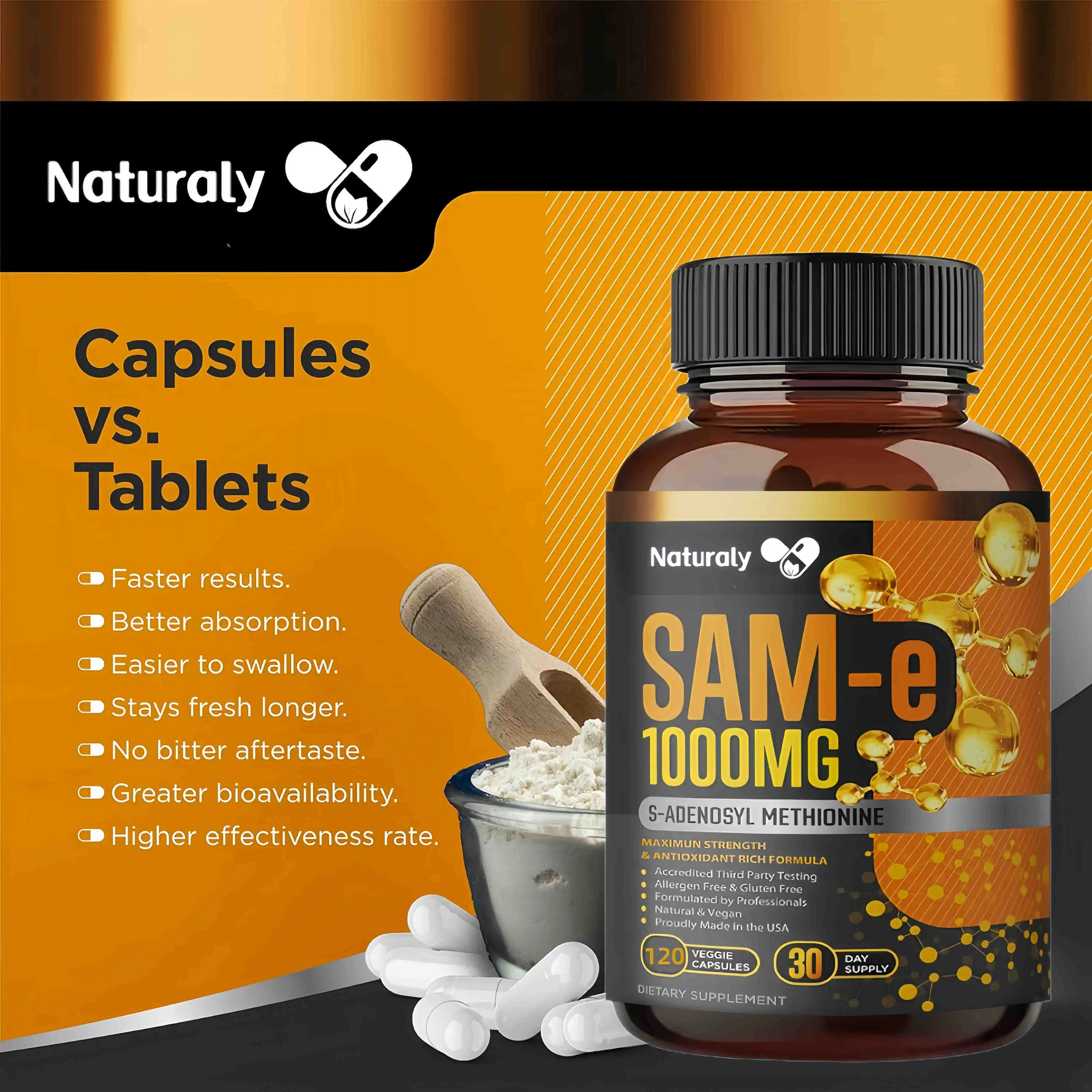 SAM-e 1000 Mg, Natural Joint Support Formula Supports Good Mood, Joint Health and Brain Function 120 Non-GMO Capsules