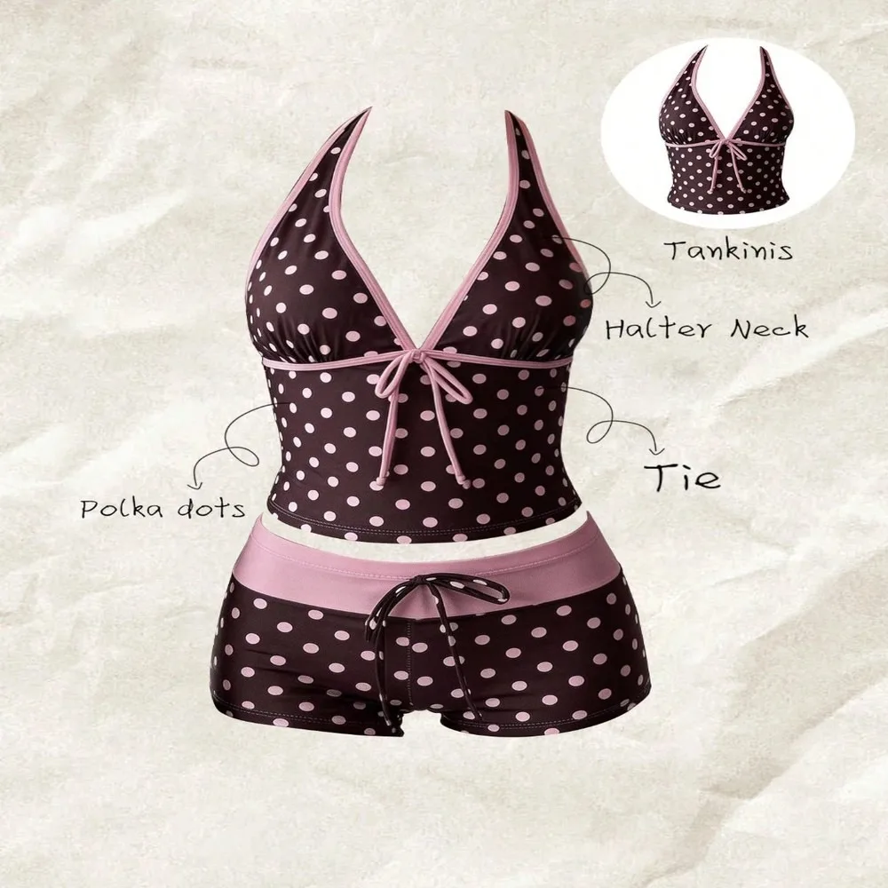 Sexy Women 2 Piece Bikini Set Polka Dot Print Halter Tie Side Swimwear Push Up Bathing Suit Summer Beach Tankini Swimsuits Women