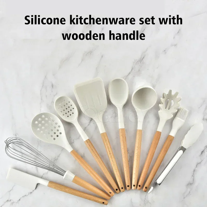 Qana White Wooden Handle Silicone Kitchenware 10 Piece Set Nonstick Spatula Soup Spoon Colander Kitchen Tool Set Wholesale