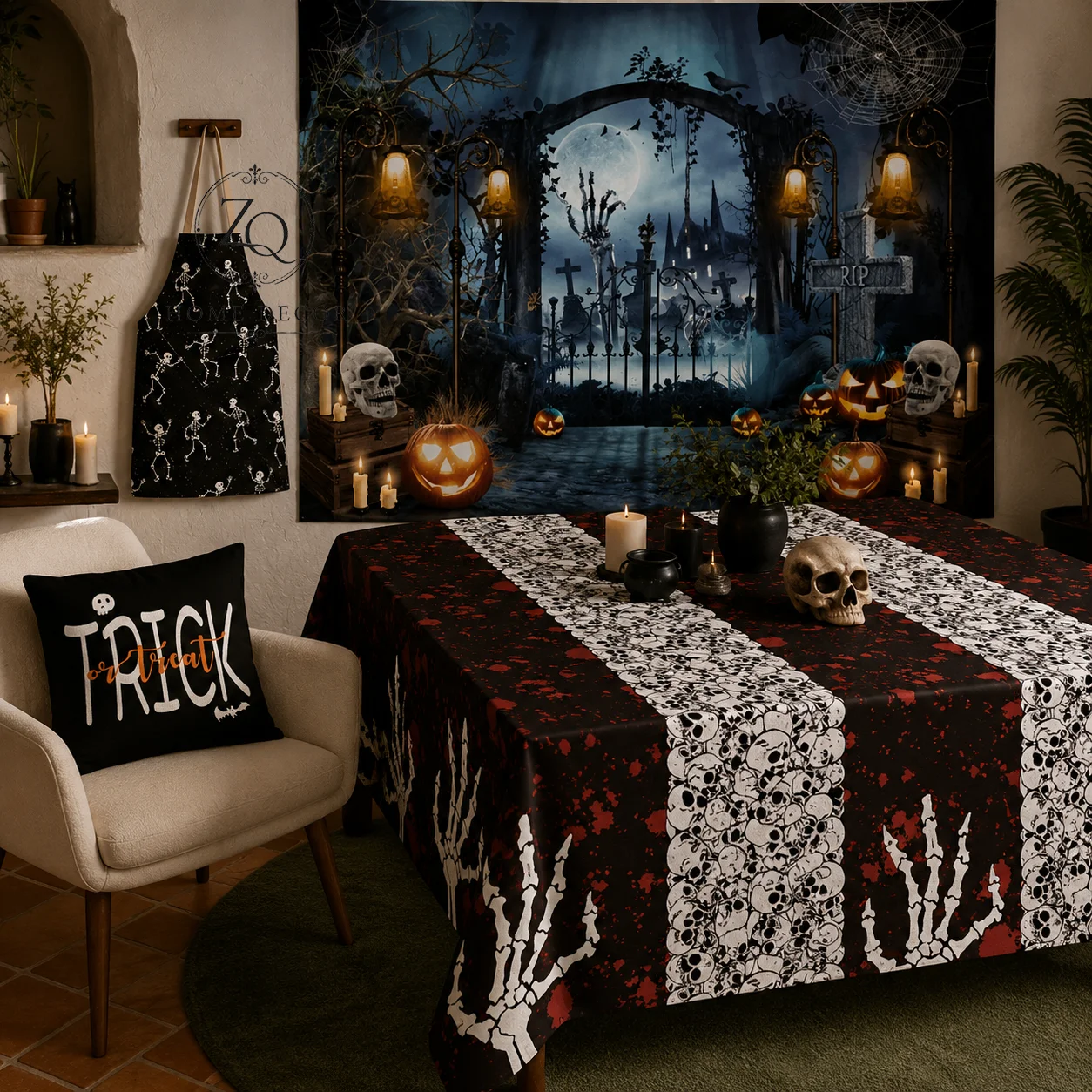 Turn Your House into a Cemetery: Bloody Skull Tablecloth and Dark Tapestry for Halloween Party