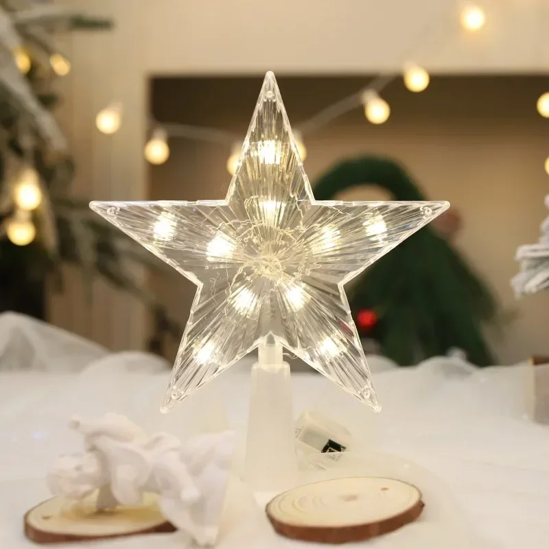 Glowing Christmas 15cm Tree Topper Xmas Tree Transparent Five-pointed Star Ornament Star Topper with LED Light for Home Decor