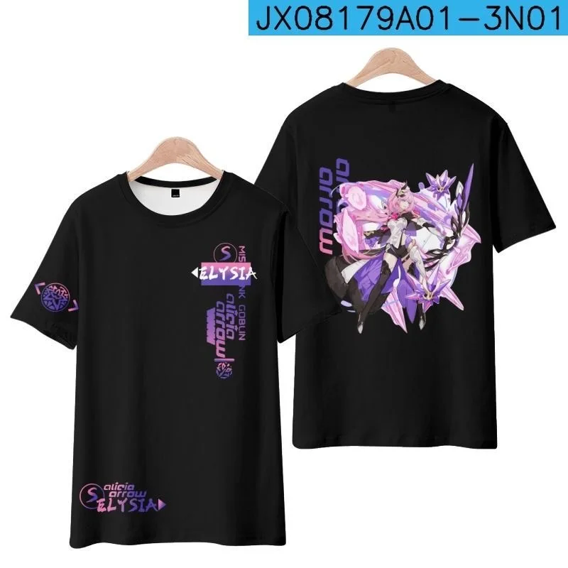 Camiseta con estampado 3D de Honkai Impact 3 Elysia, moda de verano, cuello redondo, manga corta, juego Popular, ropa de calle de talla grande