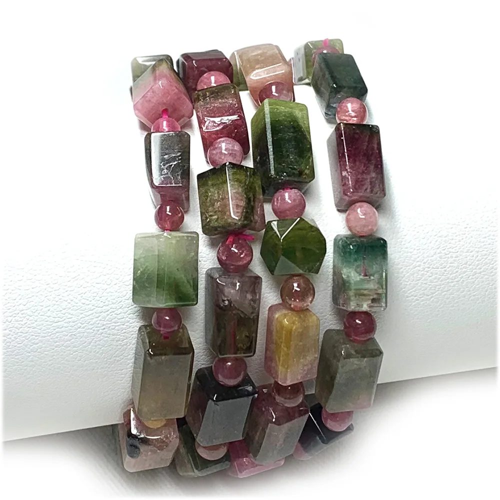 

Veemake Natural Tourmaline Round Rectangle Cube Beads Bracelets Clear Colorful Multi-color Charms Gemstones Women's Jewelry