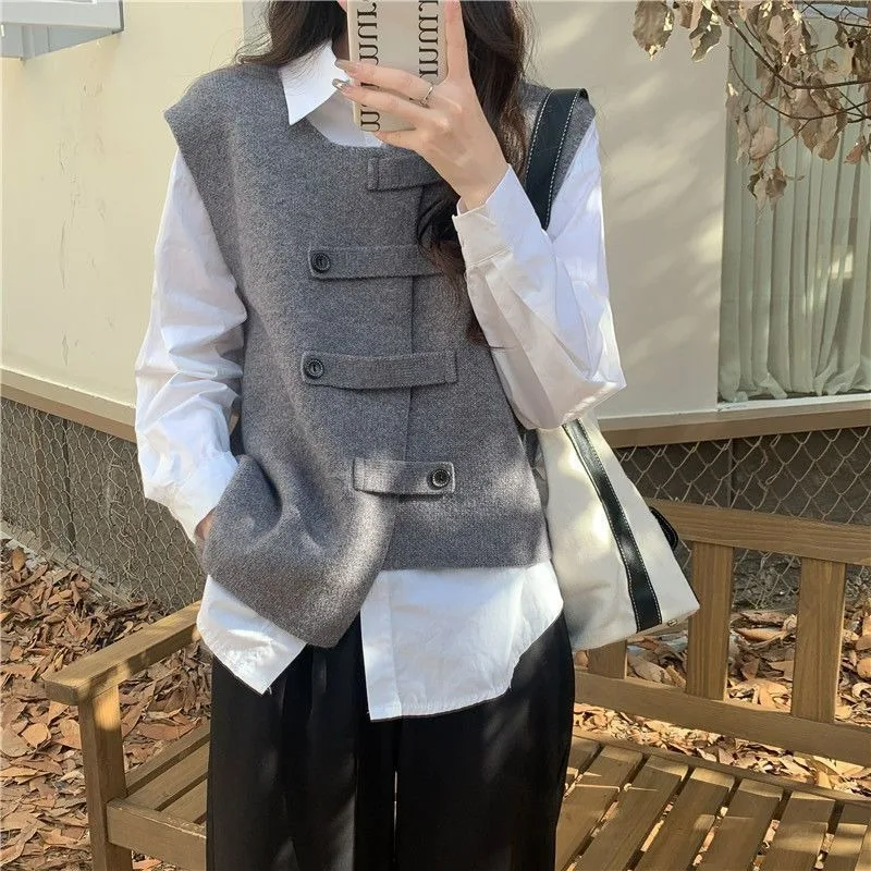 Korean Style Office Lady Casual Temperament Women's 2024 Autumn New Niche Stacked Sleeveless Chic Sweater Vest Top