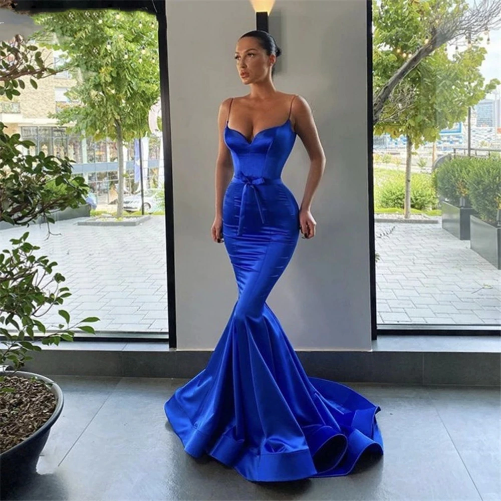 

Angelesbridep Prom Dresses 2023 Royal Blue Spaghetti Straps Long Silk Satin Bow Mermaid Prom Dresses Vestidos De Fiesta De Noche