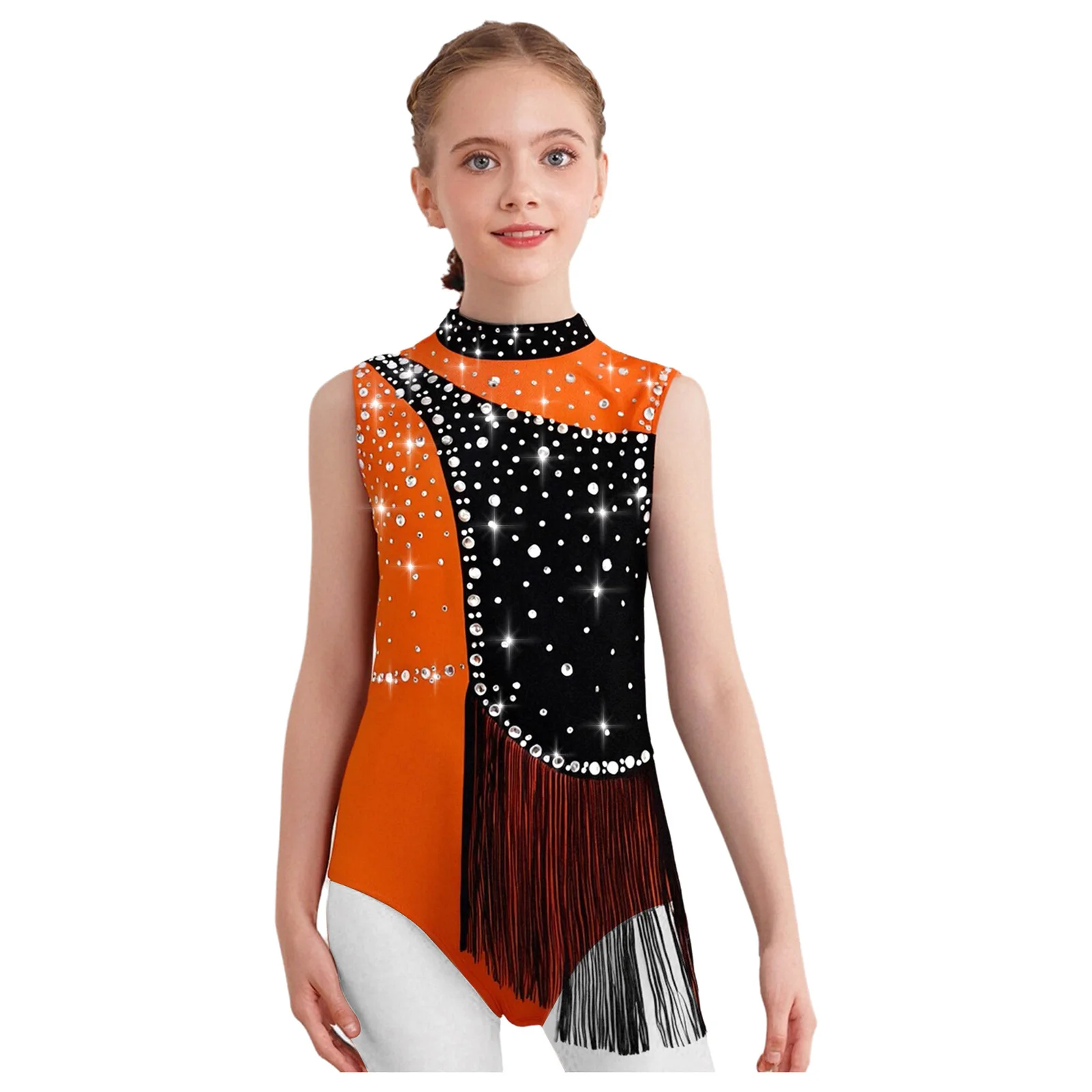 Kids Girls Figure Skating Jazz Ballet Dance Leotard Gymnastics Acrobatics Dancewear Shiny Rhinestone Sleeveless Tassels Bodysuit