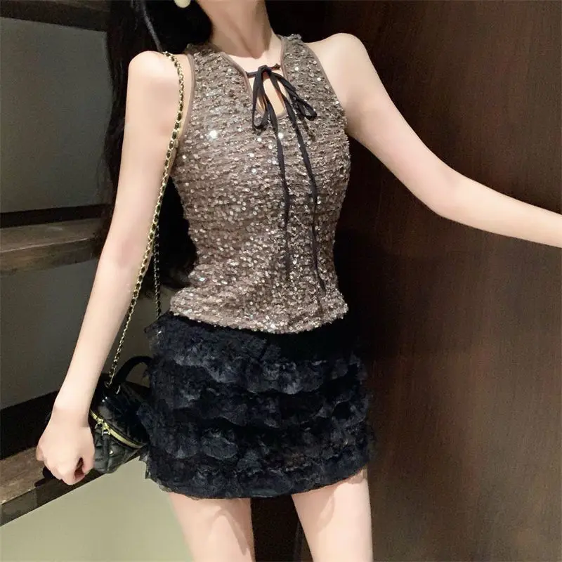 Spicy Girl Sleeveless Vest Sequin V-Neck Vest Cake Skirt Two-Piece Set Women Lace Up Sleeveless Splice Slim Summer Chic Suit