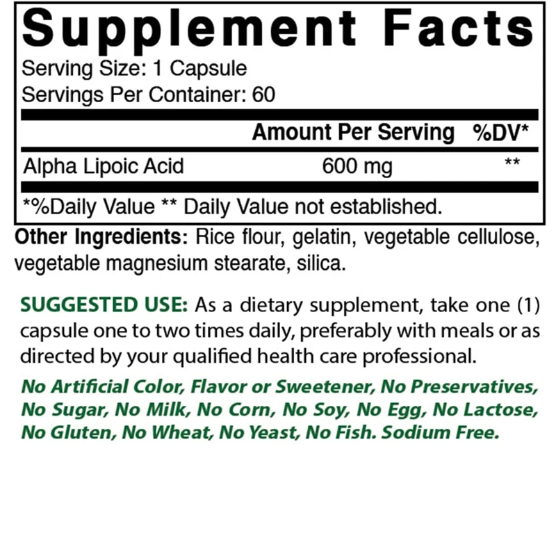 Alpha Lipoic Acid 600mg 60 Capsules - ALA Strong Antioxidant