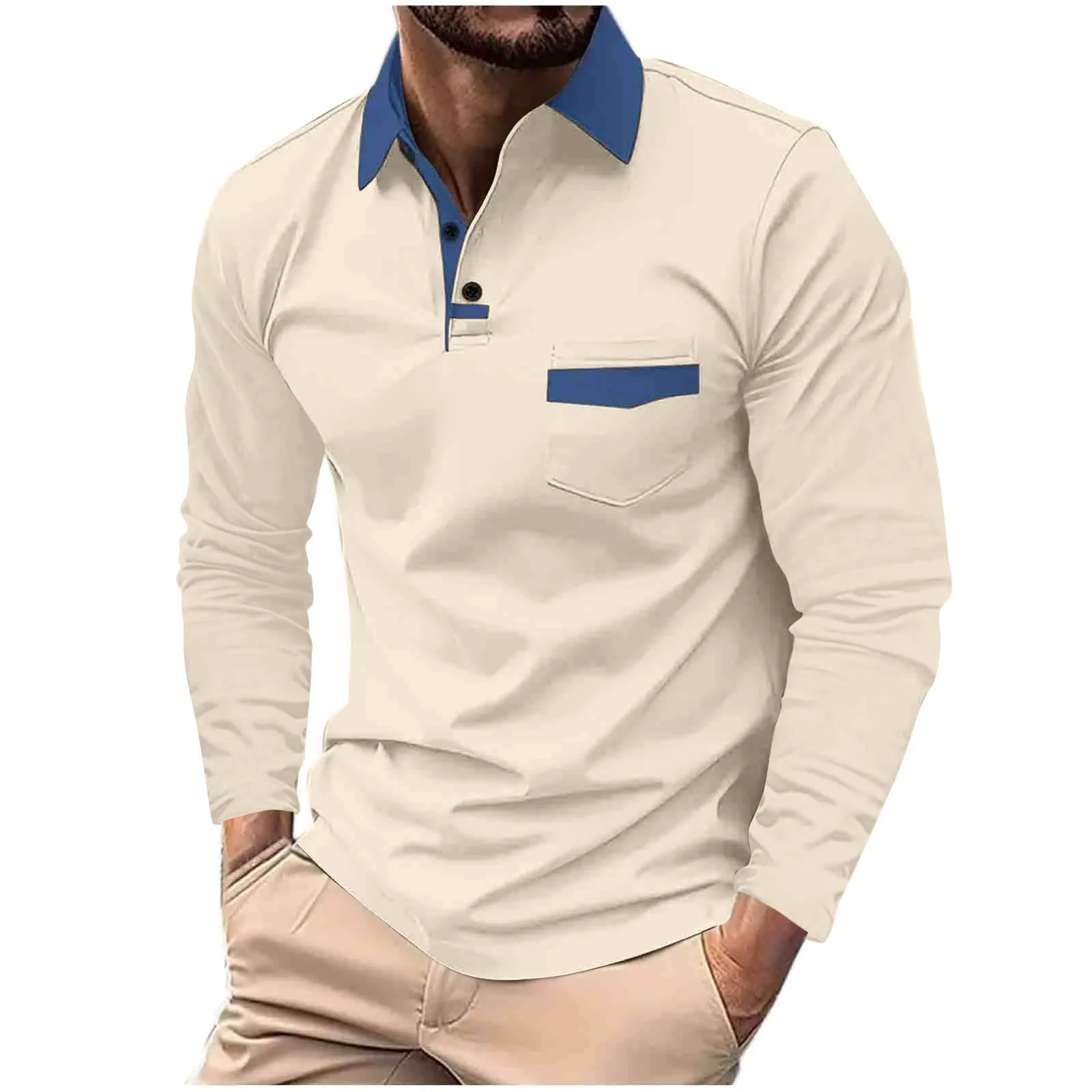 Autunno uomo nuovo sport poro camicia manica lunga in fibra di poliestere traspirante risvolto colore abbinato blazer