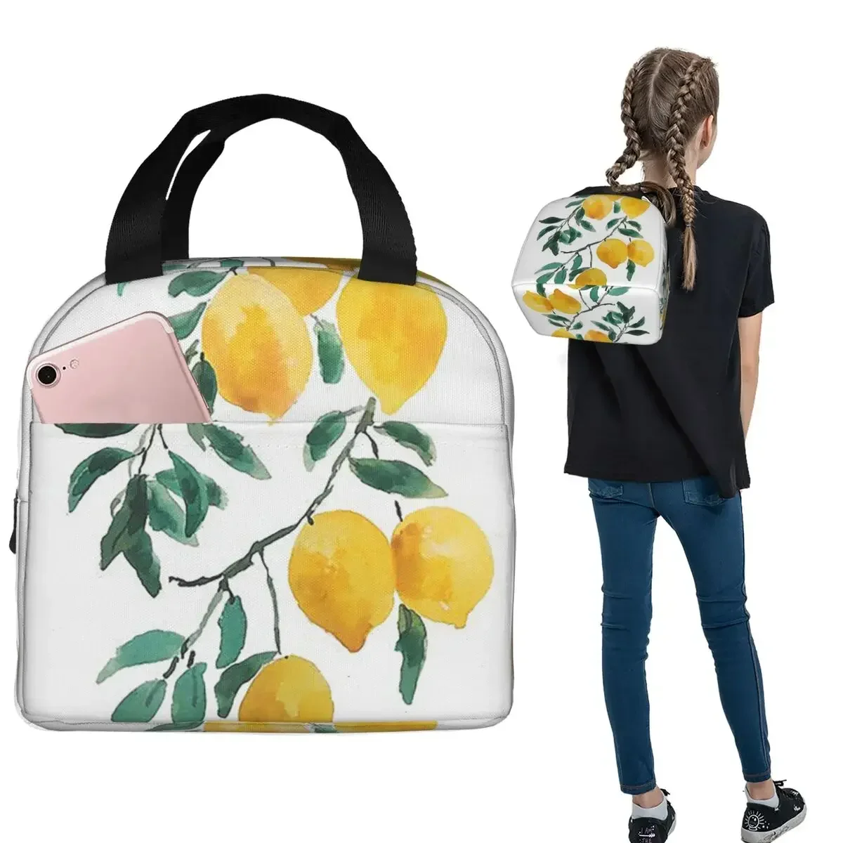 Hand Painted Yellow Lemon Watercol Insulated Lunch Bag for Women Children Leakproof Food Boxes Thermal Lunch Box Tote