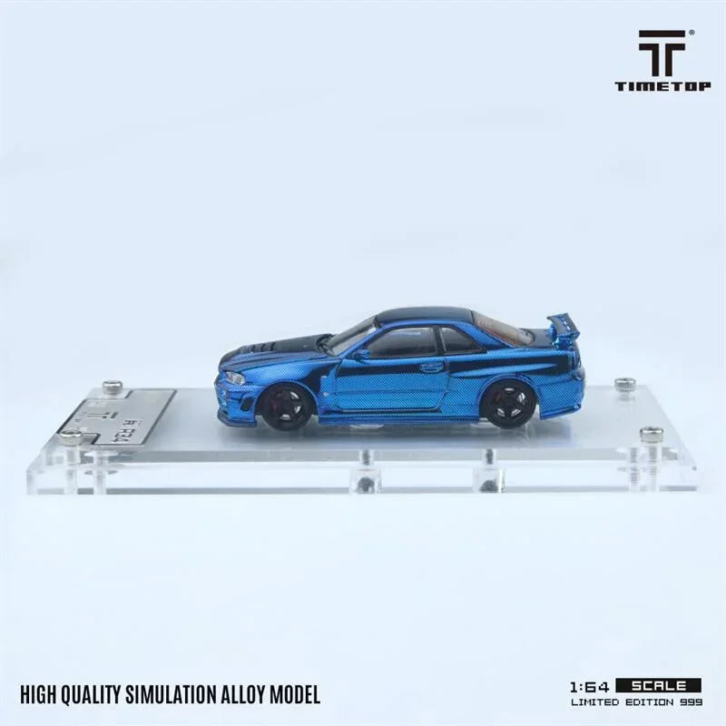 TimeTop 1:64 GTR34 Chrome Blue Carbon limited999 Diecast Model Car