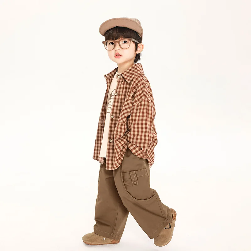 Korean style Boys fashion plaid long sleeve shirts 2024 Spring Fall children turn-down collar cotton shirt casual Tops