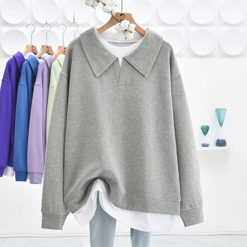 Damskie bluzy plus size, moletom, sztruksowe, z temperamentem, łączone, luźne, z podszewką, w stylu koreańskim, z okrągłym dekoltem, dla dorosłych kobiet.