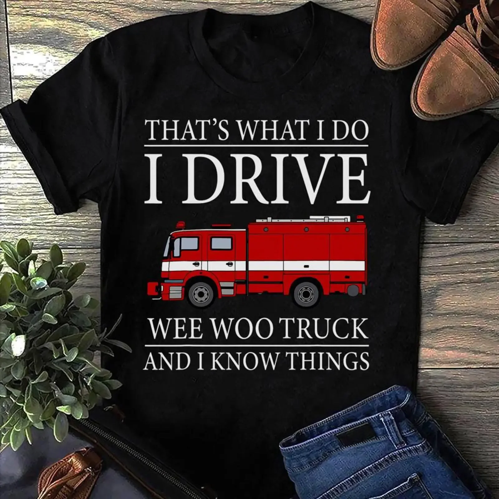 Firefighter T Shirt Wee Woo Truck Fireman  vintage Washed homme Versatile Casual Stretched designer clothes
