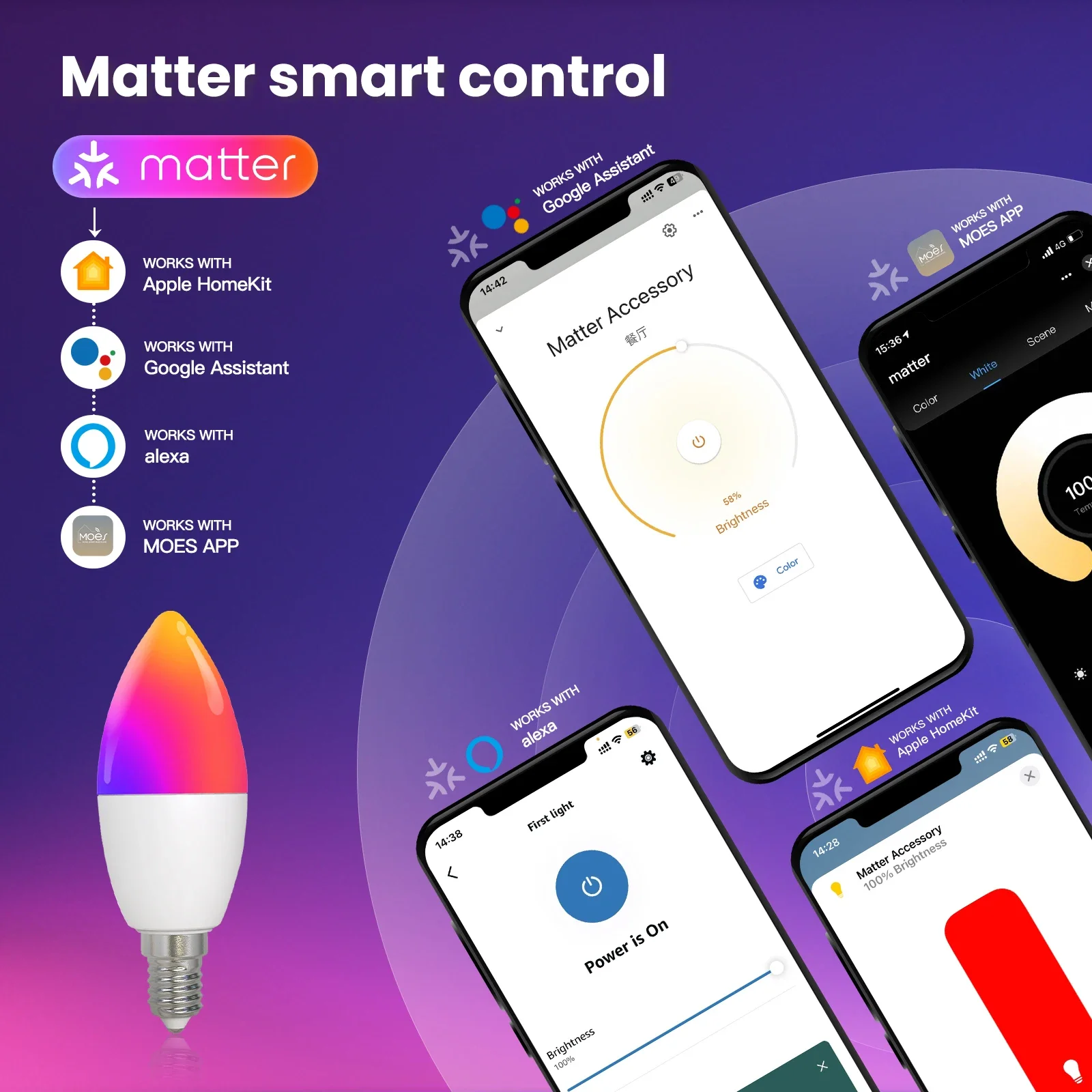 MOES Tuya Matter WiFi Smart Bulb Dimmable Led Light 16 Million RGB Colors  E14 Candle Lamp Voice Control Alexa Google Home