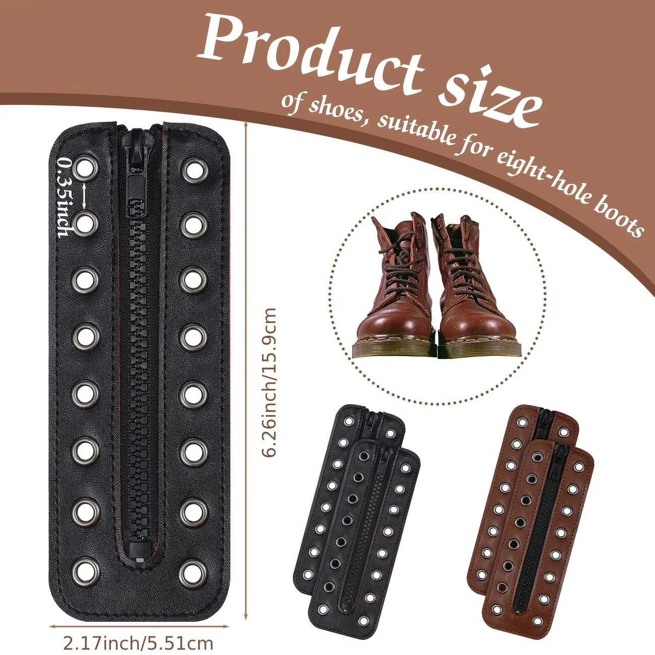 PU Leather Boot Zipper Inserts - Tieless Lace-Up Zipper Inserts, 8 Eyelets for Boots and Shoes