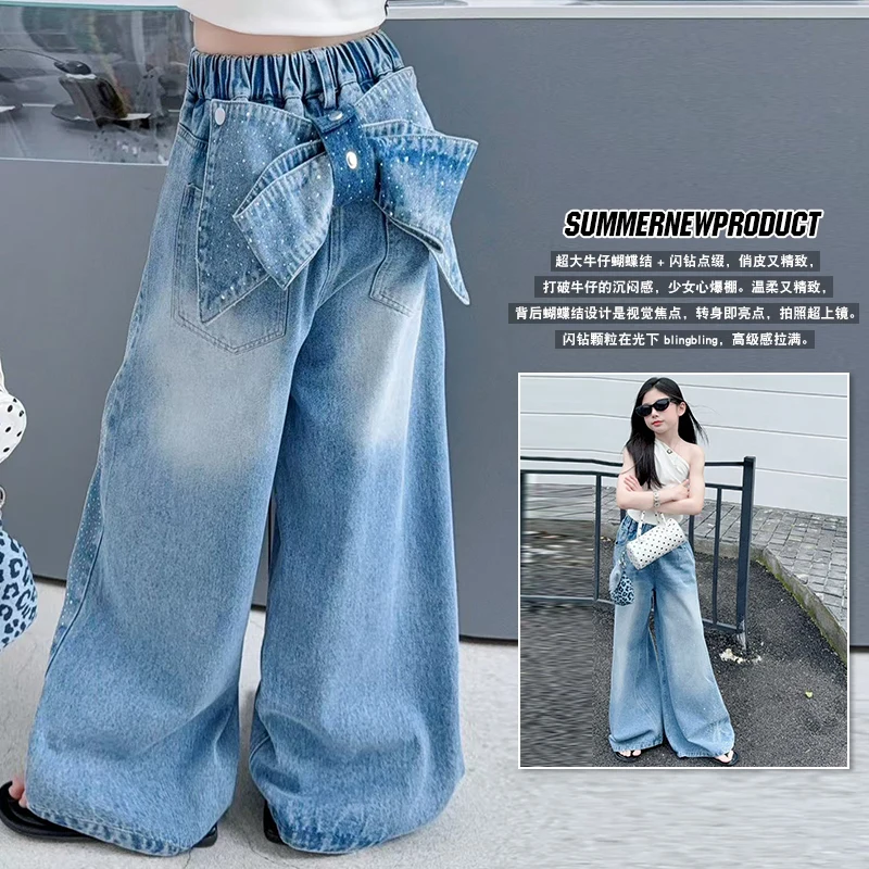 

Джинсы для девочек в стиле ковбой с рваными элементами и большим бантом, 4-14 лет, модные джинсовые брюки для детей, весна-осень, повседневная одежда